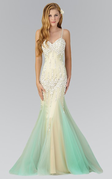 Muti-Color Trumpet Floor-Length Spaghetti Sleeveless Tulle Dress With Beading