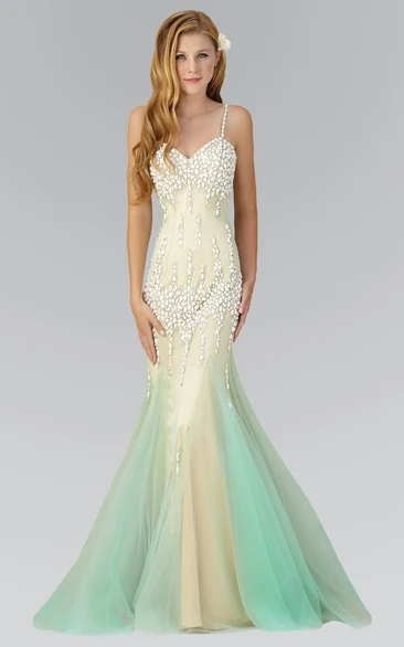 Muti-Color Trumpet Floor-Length Spaghetti Sleeveless Tulle Dress With Beading