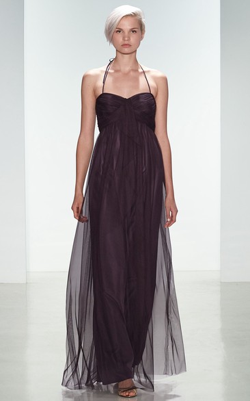 Empire Spaghetti Long Tulle Bridesmaid Dress With Ruching And V Back