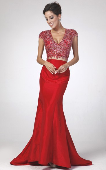 Trumpet V-Neck Cap-Sleeve Satin Keyhole Dress With Beading