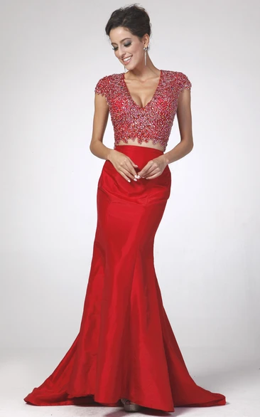 Trumpet V-Neck Cap-Sleeve Satin Keyhole Dress With Beading