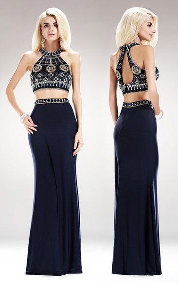 Two-Piece Sheath Jewel-Neck Sleeveless Jersey Keyhole Dress With Beading