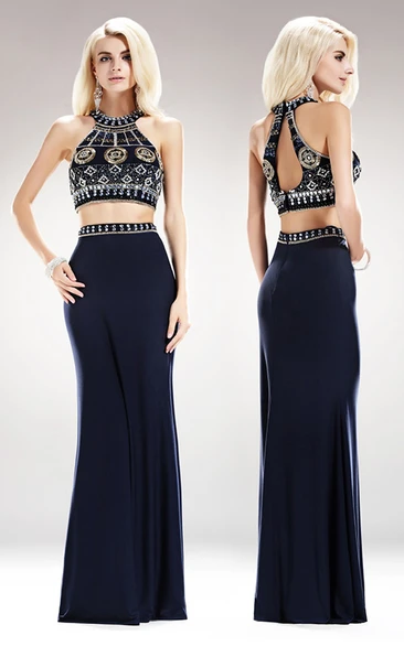 Two-Piece Sheath Jewel-Neck Sleeveless Jersey Keyhole Dress With Beading