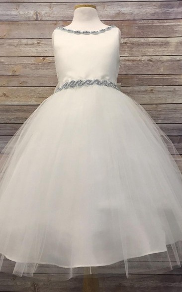 V-Neck Tea-Length Beaded Tulle&Satin Flower Girl Dress
