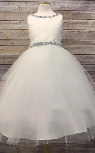 V-Neck Tea-Length Beaded Tulle&Satin Flower Girl Dress