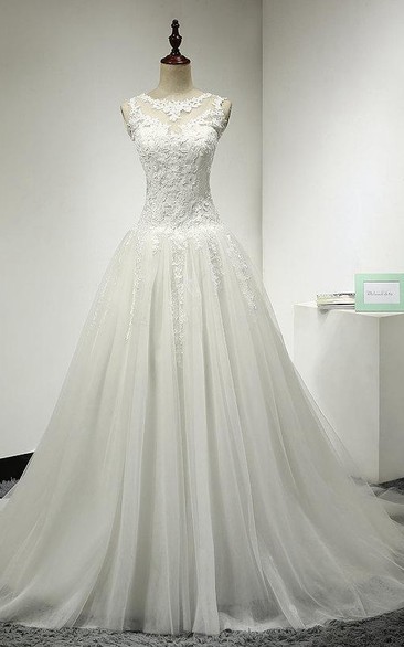 Tulle and Lace A-Line Sleeveless Bridal Dress With Jewel Neckline and Keyhole Back