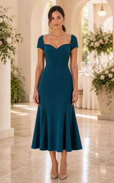 Peacock Sweetheart Short Sleeve Mermaid Tea-length Dress