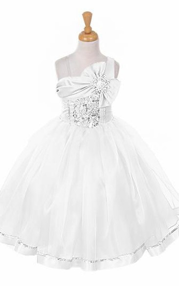 Tea-Length Broach Bowed Tiered Sequins&Organza Flower Girl Dress With Sash