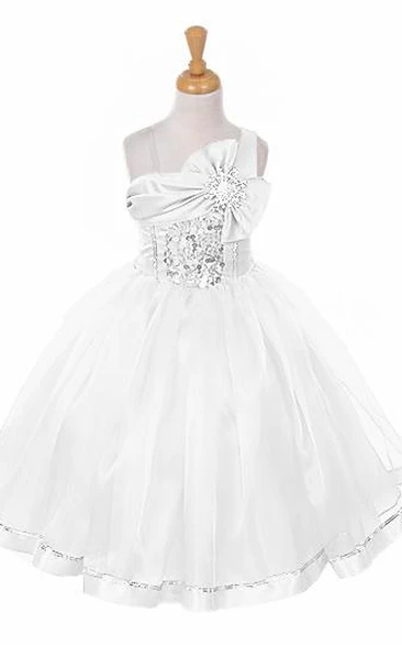 Tea-Length Broach Bowed Tiered Sequins&Organza Flower Girl Dress With Sash