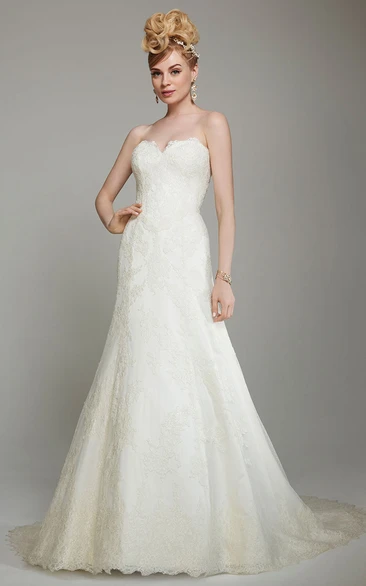 A-Line Sweetheart Long Lace Wedding Dress With Appliques And Deep-V Back