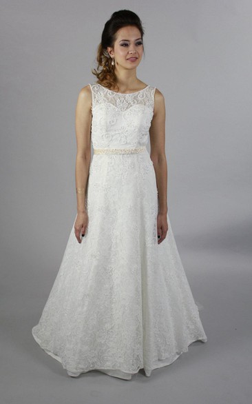 Lace A-Line Sleeveless Bateau Neck Dress With Beaded Waistbelt