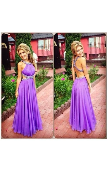 Purple A-Line Open Back Prom Gowns Criss-Cross Evening Dresses With Beadings