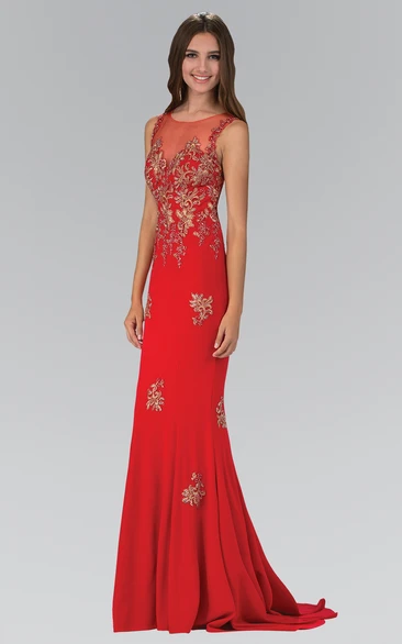 Sheath Floor-Length Scoop-Neck Sleeveless Jersey Dress With Beading