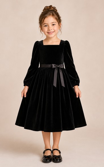 Black Tea-Length Long Sleeve A-Line Flower Girl Dress with Bow Sash