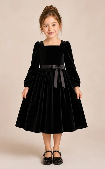 Black Tea-Length Long Sleeve A-Line Flower Girl Dress with Bow Sash