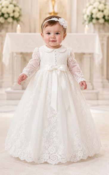 Baby Christening Gown Modest Princess Ball Gown Long Sleeve Illusion Tulle Lace Floor-Length with Bow Sash in Ivory