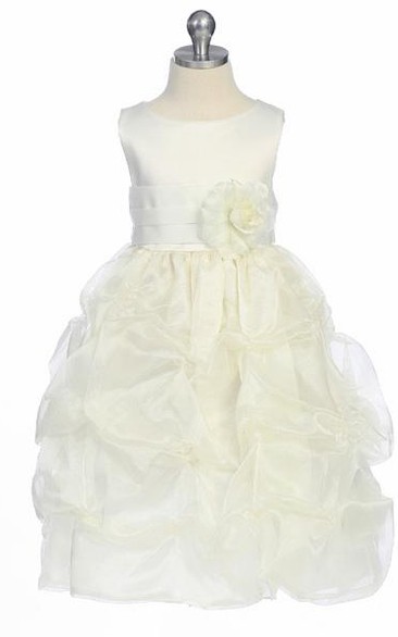 Tea-Length Ruched Organza&Satin Flower Girl Dress