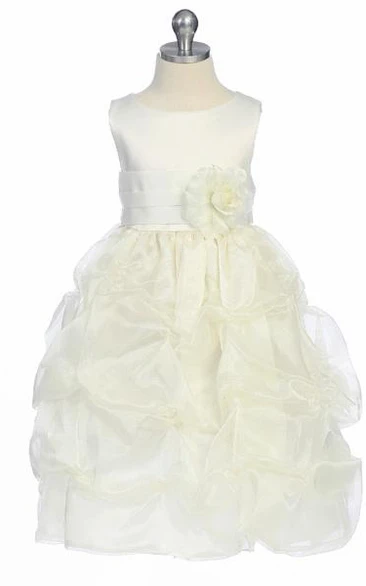 Tea-Length Ruched Organza&Satin Flower Girl Dress