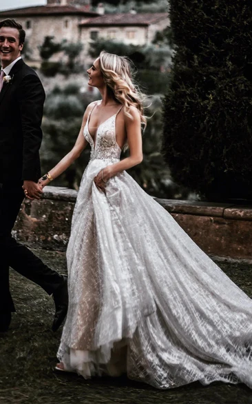 Boho Plunging A-Line Wedding Dress with Layered Tulle Skirt