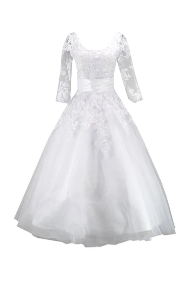 Long Sleeve Scoop Neck Long Appliqued Tulle Dress