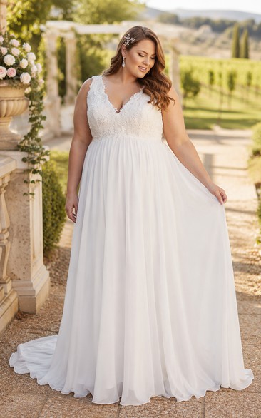 Vestido de novia de playa blanco de talla grande con escote en V y corte en A de gasa