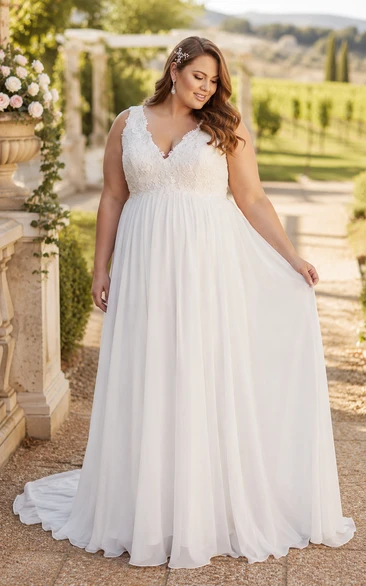 Weißes Chiffon-Brautkleid in A-Linie, Übergröße, V-Ausschnitt
