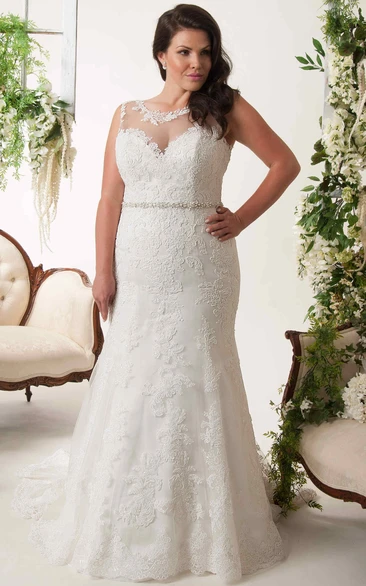 Sheath Sleeveless Scoop-Neck Appliqued Floor-Length Lace Plus Size Wedding Dress With Waist Jewellery