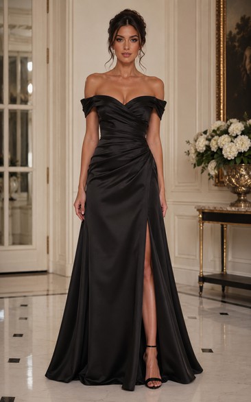 A-Line Off-the-Shoulder Short Sleeve Satin Prom Dress with Slit