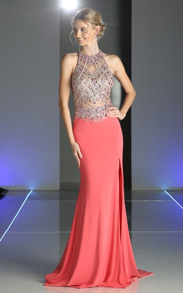 Sheath Jewel-Neck Sleeveless Jersey Illusion Dress With Beading And Split Front