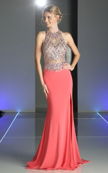 Sheath Jewel-Neck Sleeveless Jersey Illusion Dress With Beading And Split Front