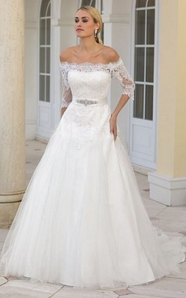 A-Line Jeweled Off-The-Shoulder Half-Sleeve Tulle Wedding Dress With Lace And Court Train