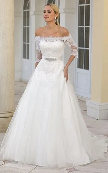 A-Line Jeweled Off-The-Shoulder Half-Sleeve Tulle Wedding Dress With Lace And Court Train