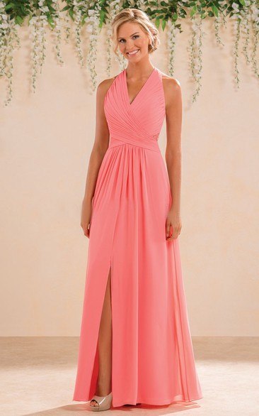 Halter A-Line Floor-Length Chiffon Bridesmaid Dress With Front Slit
