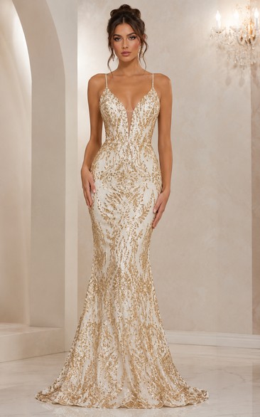 Ivory and Gold Sequin Prom Dress with Deep V Neckline Mermaid Gown