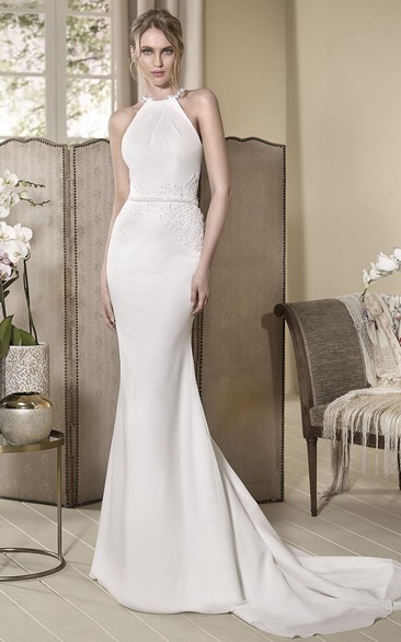 Sheath High-Neck Long Sleeveless Appliqued Simple Wedding Dress With Beading