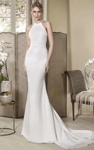 Sheath High-Neck Long Sleeveless Appliqued Simple Wedding Dress With Beading