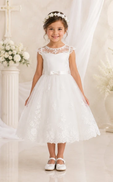Baby Christening Gown Modest A-Line Cap Sleeve Tulle Lace Tea-Length with Bow Sash in White