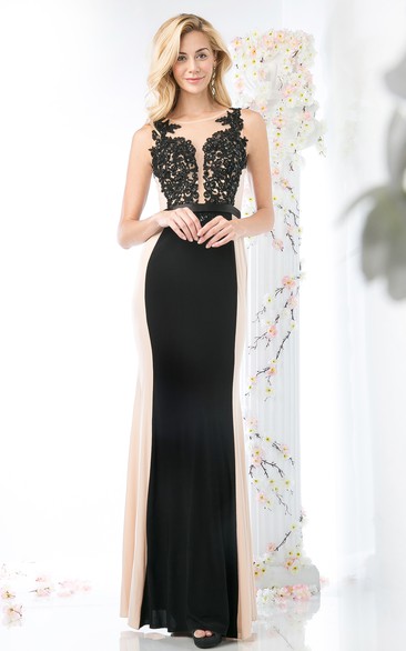 Muti-Color Sheath Scoop-Neck Sleeveless Jersey Illusion Dress With Appliques