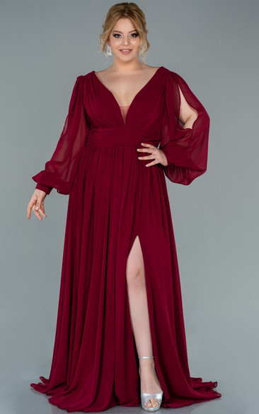 Pleated Bodice Chiffon Long Dresses with Slit Grape Plus Size
