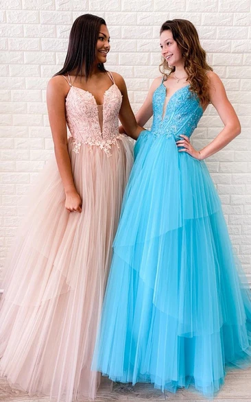 Tulle Floor-length A Line Sleeveless Casual Prom Dress with Appliques