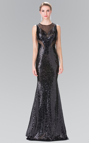 Sheath Long Jewel-Neck Sleeveless Sequins Keyhole Dress