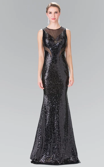 Sheath Long Jewel-Neck Sleeveless Sequins Keyhole Dress