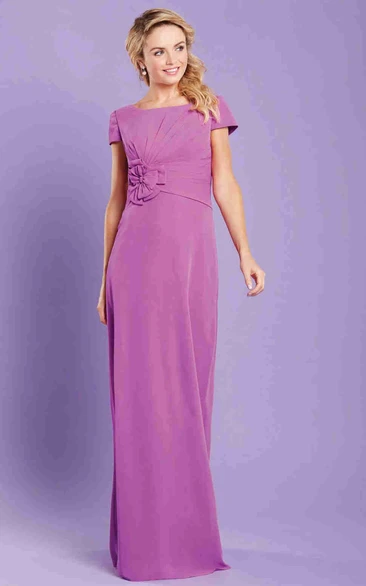 Pencil Floral Long Bateau-Neck Short-Sleeve Chiffon Bridesmaid Dress