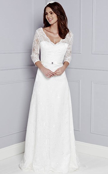 V-Neck Appliqued 3-4-Sleeve Long Lace Modest Wedding Dress