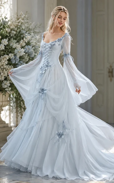 Scoop A-line Floor-length Court Train Long Sleeve Chiffon Tulle Prom Dress with Lace-up Back
