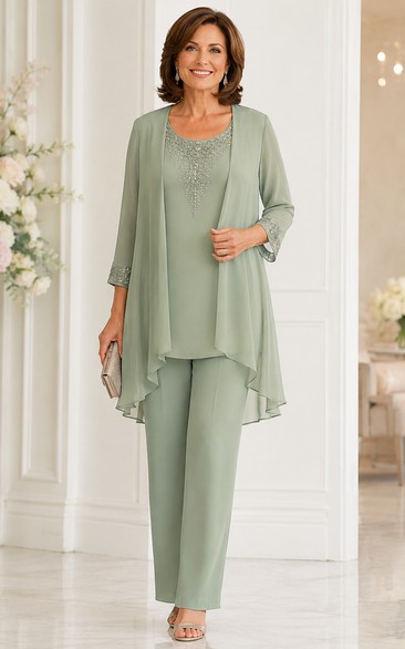 Jumpsuit Ankle-length Scoop 3/4 Length Sleeve Chiffon Mother Jumpsuit with Jacket