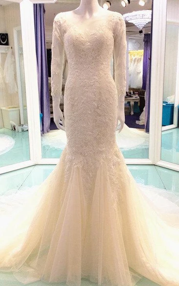 Long Sleeve Bateau Neck Lace Mermaid Dress With Low-V Back