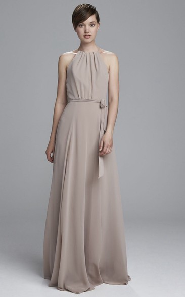 A-Line Bowed Sleeveless High Neck Chiffon Bridesmaid Dress With Straps