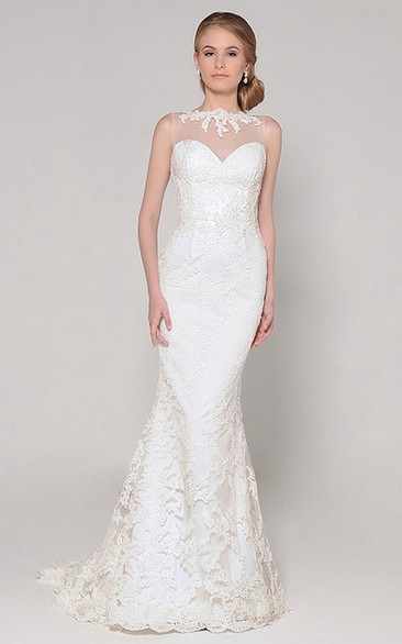 Trumpet Jewel-Neck Floor-Length Sleeveless Lace Wedding Dress With Appliques And Illusion