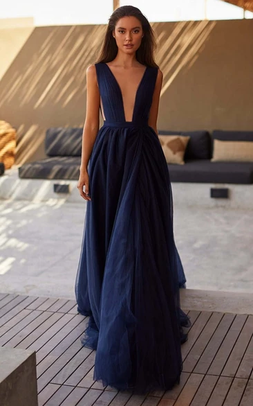Simple A Line Plunging Neck Evening Dress with Split Front